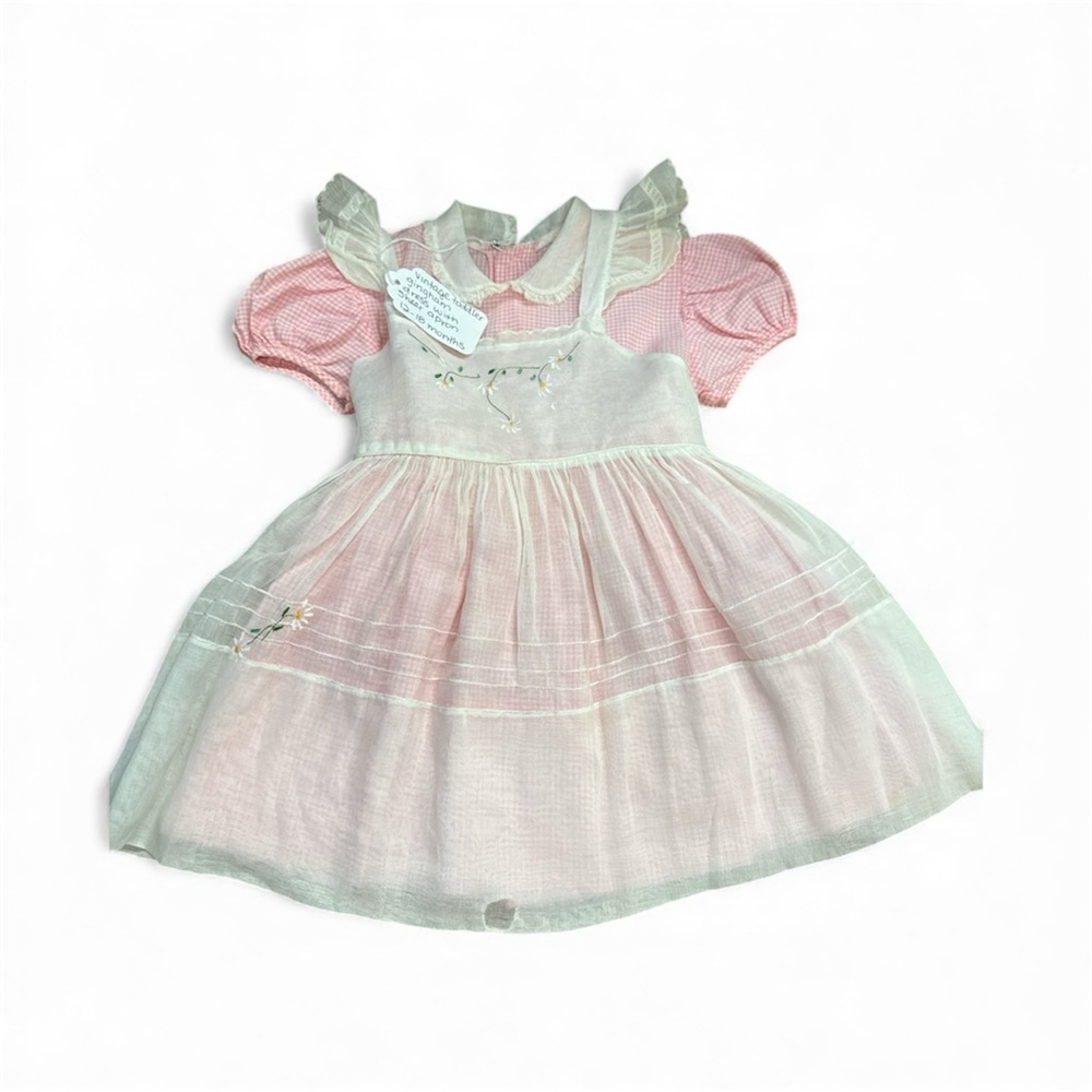Vintage Gingham Pink and White Toddler Dress with Embroidery